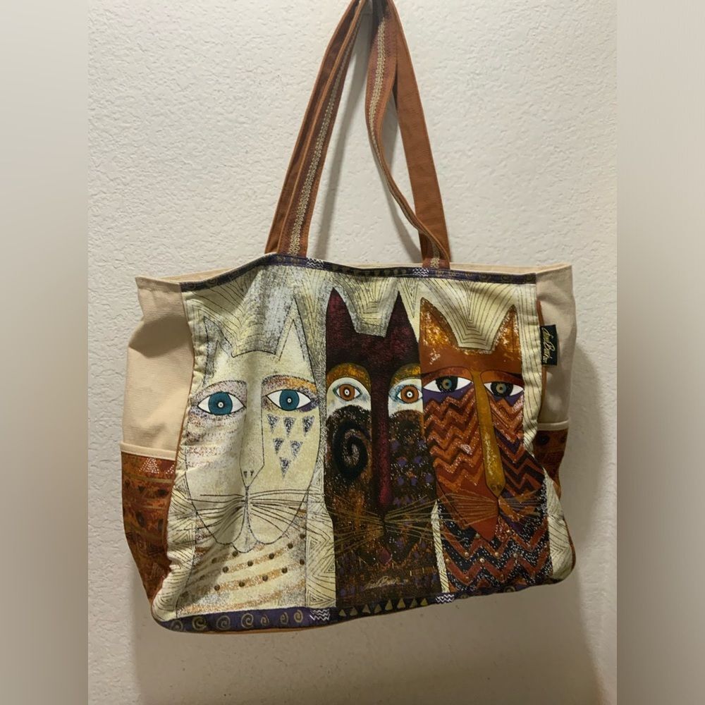 Laurel Burch Tres Gatos Shoulder Hand Bag Three Cats Vegan Cotton Zip Top